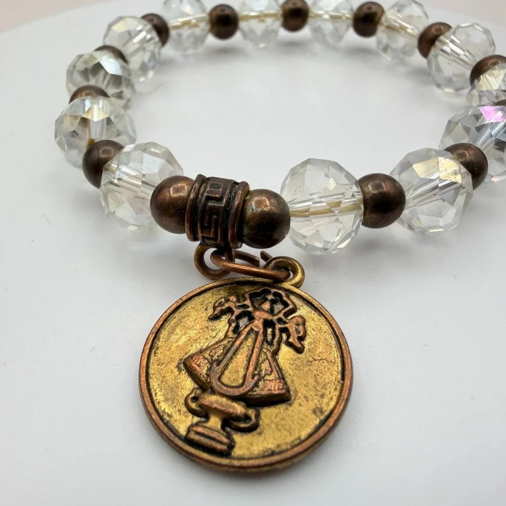 Vintage 80s Clear Beaded Stretch Bracelet Bronze Saint Medal Charm Retro Jewelry
